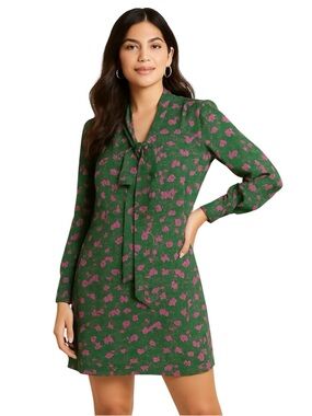 ModCloth Winter Blooming Roses Mini Tie Neck Dress Green Size XS